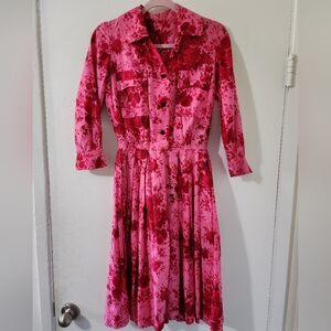 Vintage 1960s Bright Pink Fuchsia Floral Bow Swing Hostess Day Dress XS-S